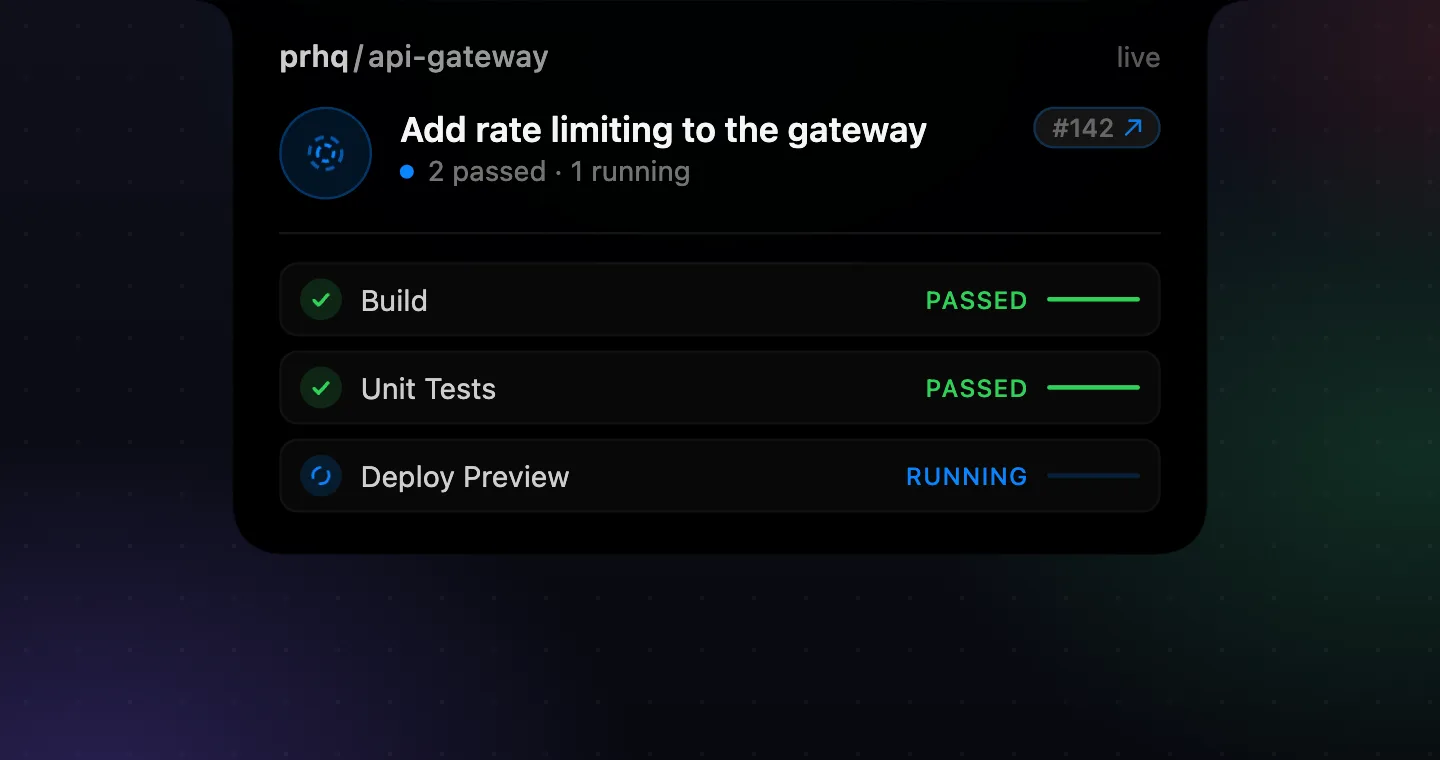 PRHQ notch surface showing a pull request with live CI checks
